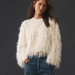 By Anthropologie Fluffy Shag Pullover Sweater XXS Cream White Relaxed Festive